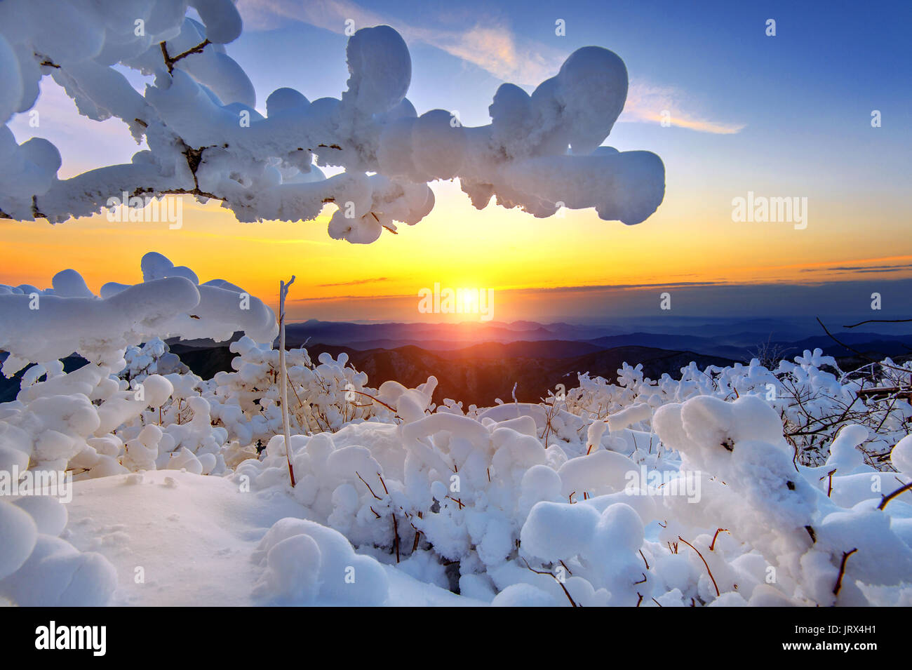 Sunrise on Deogyusan mountains covered with snow in winter,South Korea ...