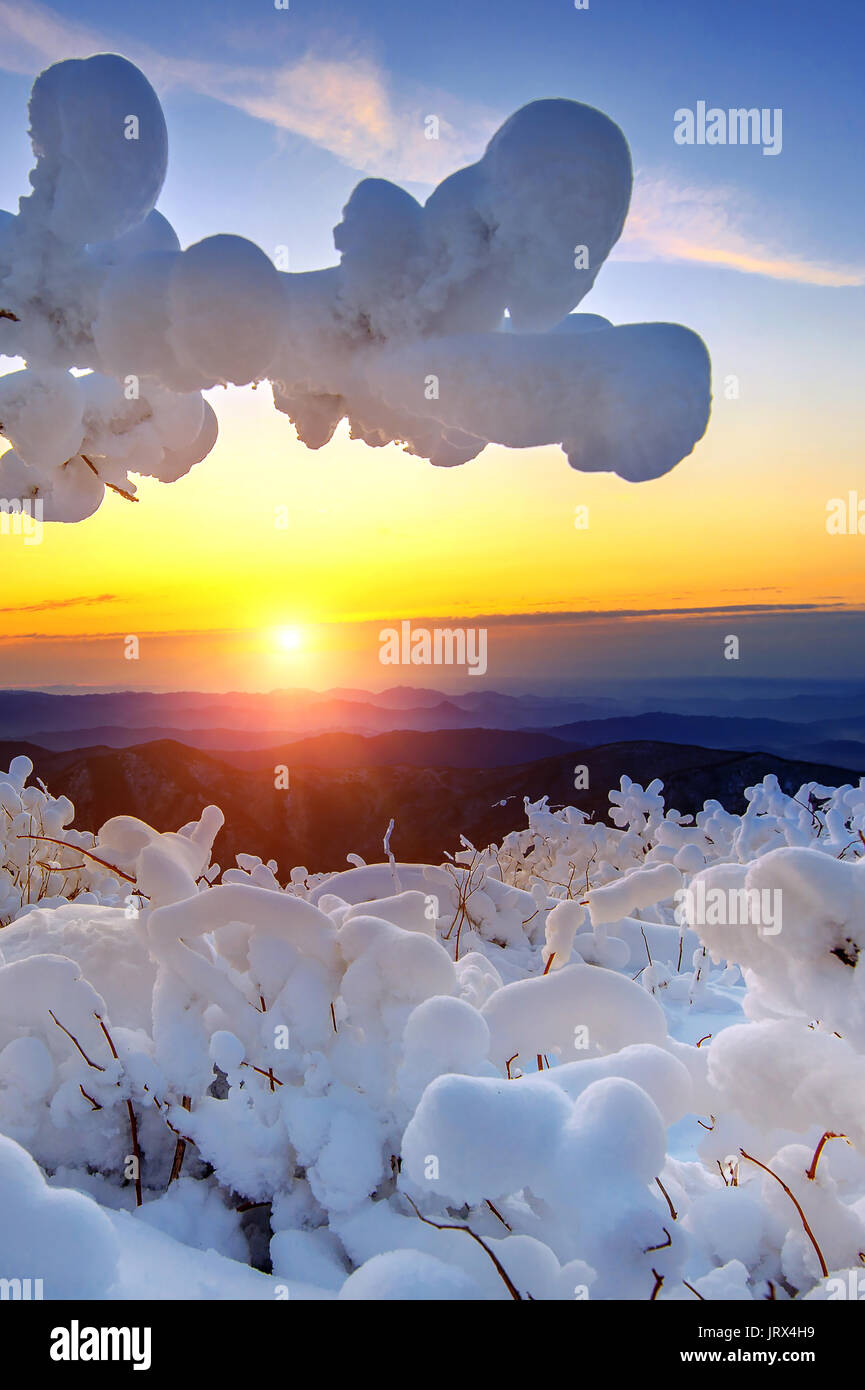 Sunrise on Deogyusan mountains covered with snow in winter,South Korea ...