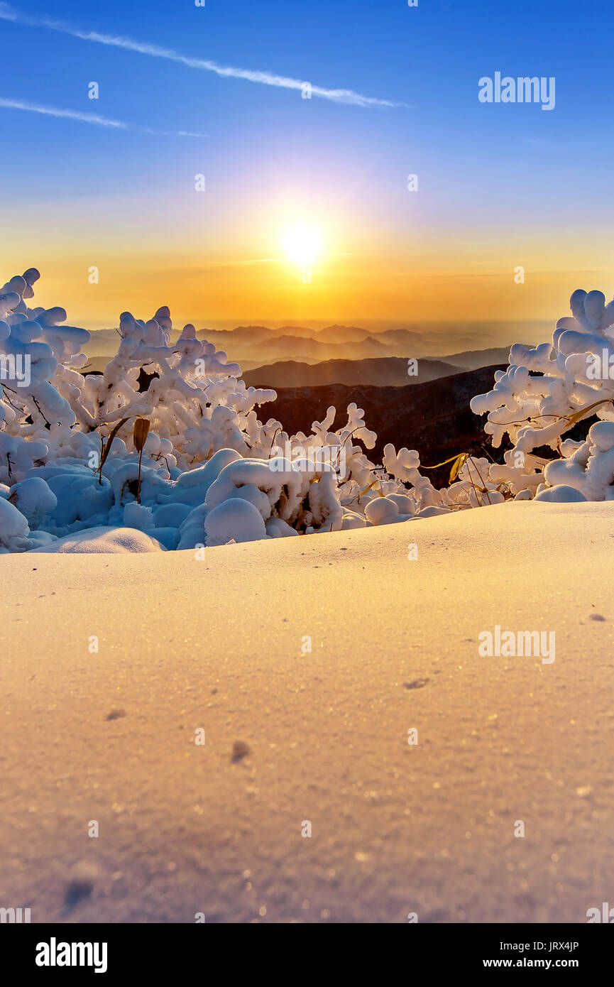 Sunrise on Deogyusan mountains covered with snow in winter,South Korea ...