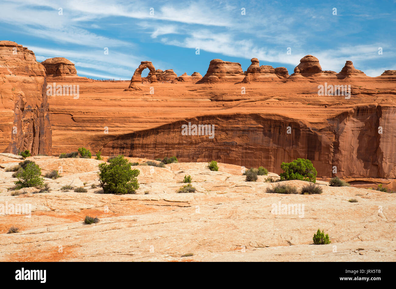 Landscape of rock erosion and arches inside Arches national park near Moab in the state of Utah, USA. Stock Photo