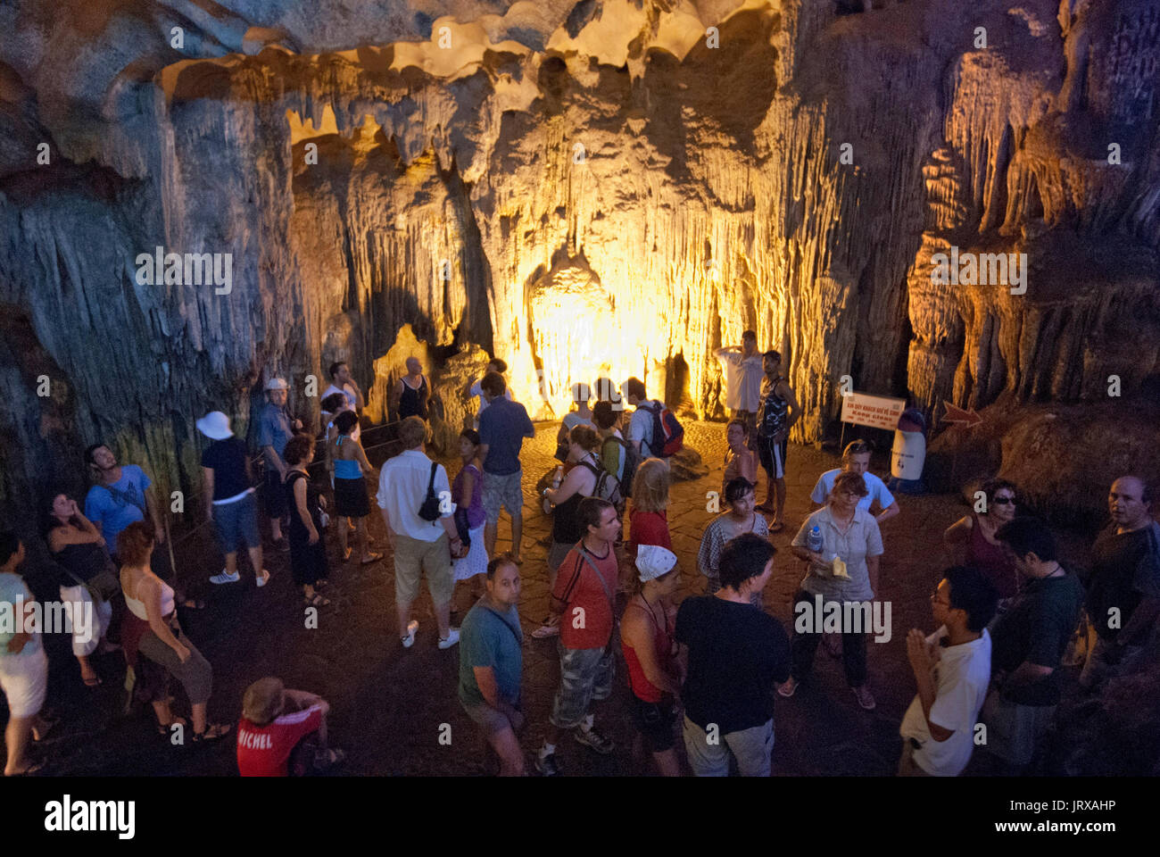 Hang Sung Sot, Cave of Surprises, stalactite cave in Halong Bay, Vietnam, Southeast Asia. Hang Sung Sot or Surprise Grotto - Bo Hon Island - Halong Ba Stock Photo
