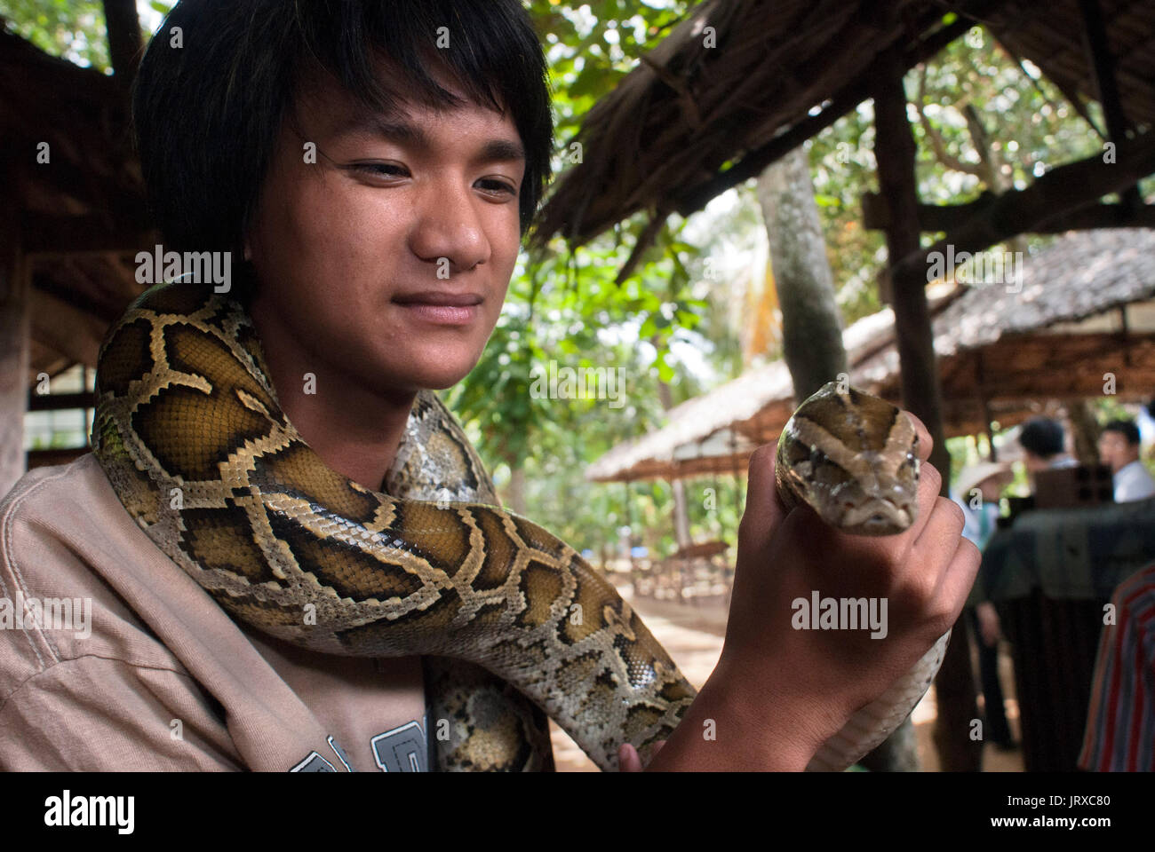 A tourist takes pictures with a boa snake in Turtle Island (Con Qui). Mekong Delta, Vietnam. Stock Photo