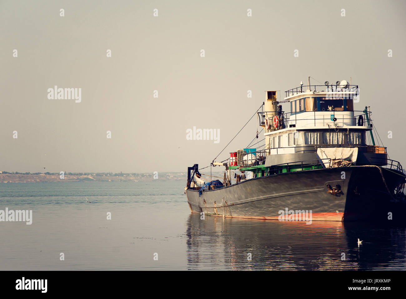 Large fish processing boat in the deep water dock. photo. Stock Photo