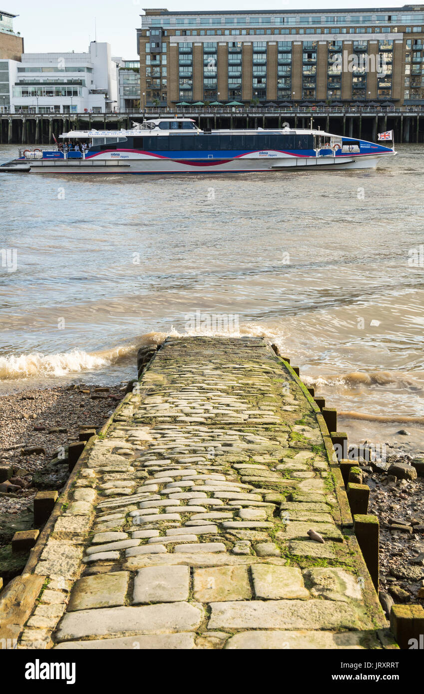 The ancient Alderman Stairs leading down to the River Thames in Wapping, London, UK Stock Photo