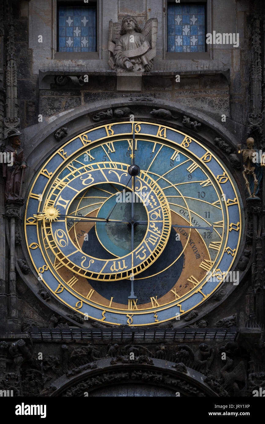 Close-up of the medieval Prague astronomical clock mounted on wall of Old Town Hall in the Old Town Square in Prague, Czech Republic. Stock Photo