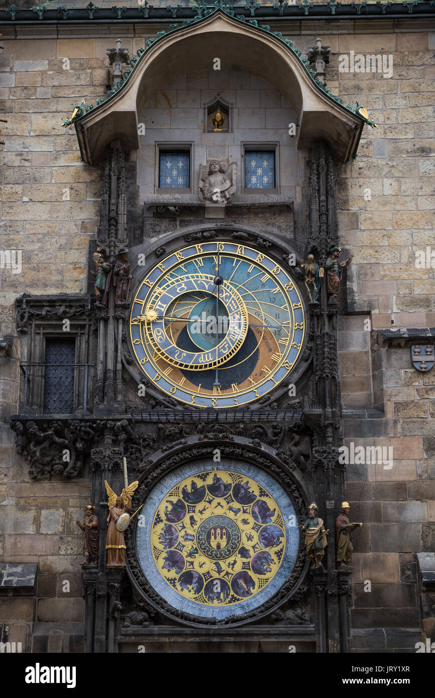 The medieval Prague astronomical clock mounted on wall of Old Town Hall in the Old Town Square in Prague, Czech Republic. Stock Photo