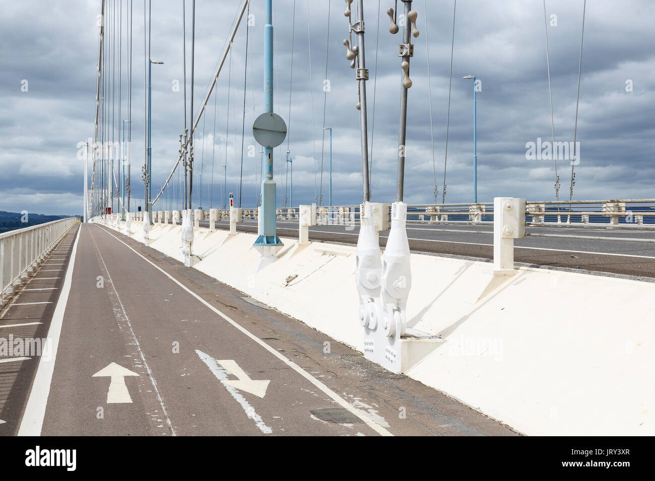 The Severn Bridge (M48), looking west, from the Bristol end towards Wales, with the cycle and footpath on the left. Stock Photo