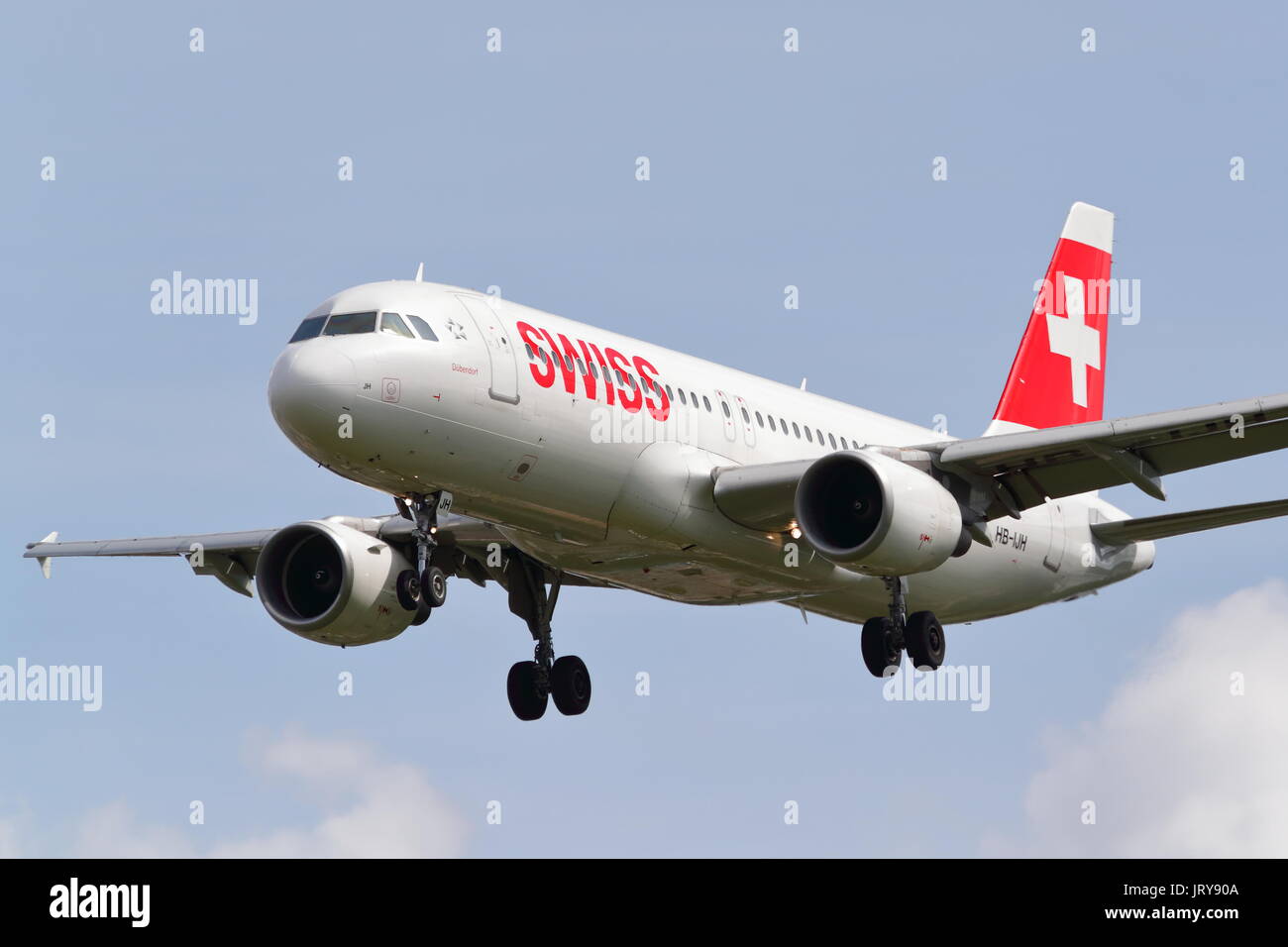 Swiss International Airlines Airbus A320 HB-IJH landing at London Heathrow Airport, UK Stock Photo