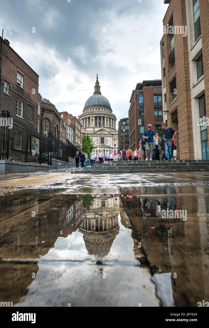 St. Paul's Cathedral, St. Paul's Cathedral reflected in puddle, London, England, United Kingdom Stock Photo