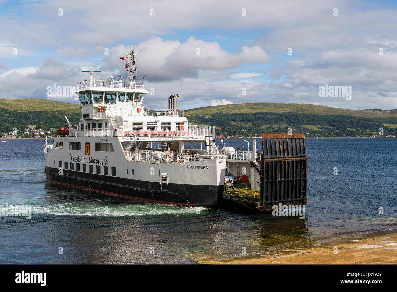 Millport, Scotland - August 3, 2017: The Loch Shira operated by Caledonian MacBrayne (CalMac) arriving at the slip on the Isle of Cumbrae Stock Photo