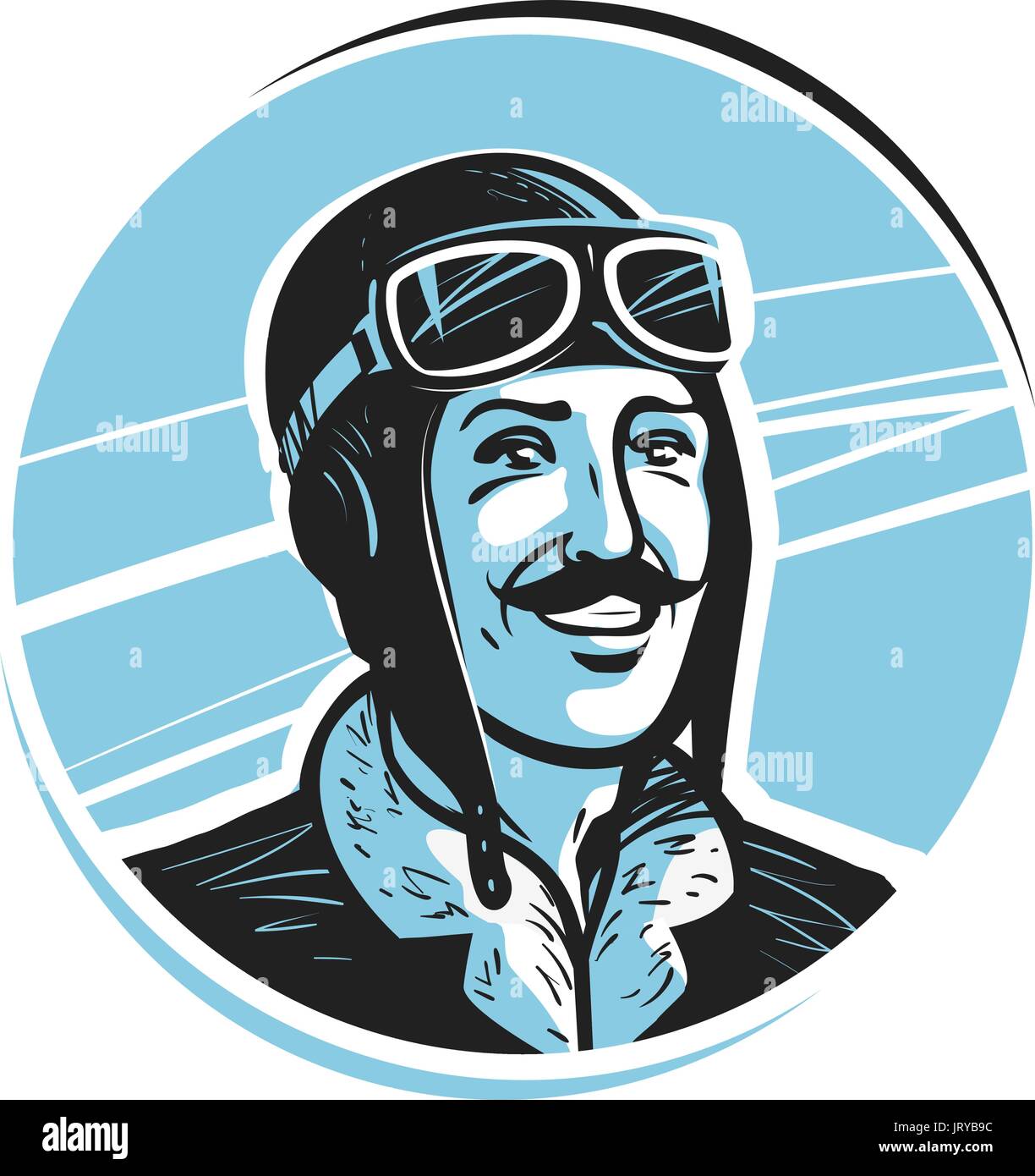 Portrait of happy pilot in cap. Aviator, airman label or logo. Mascot vector illustration Stock Vector