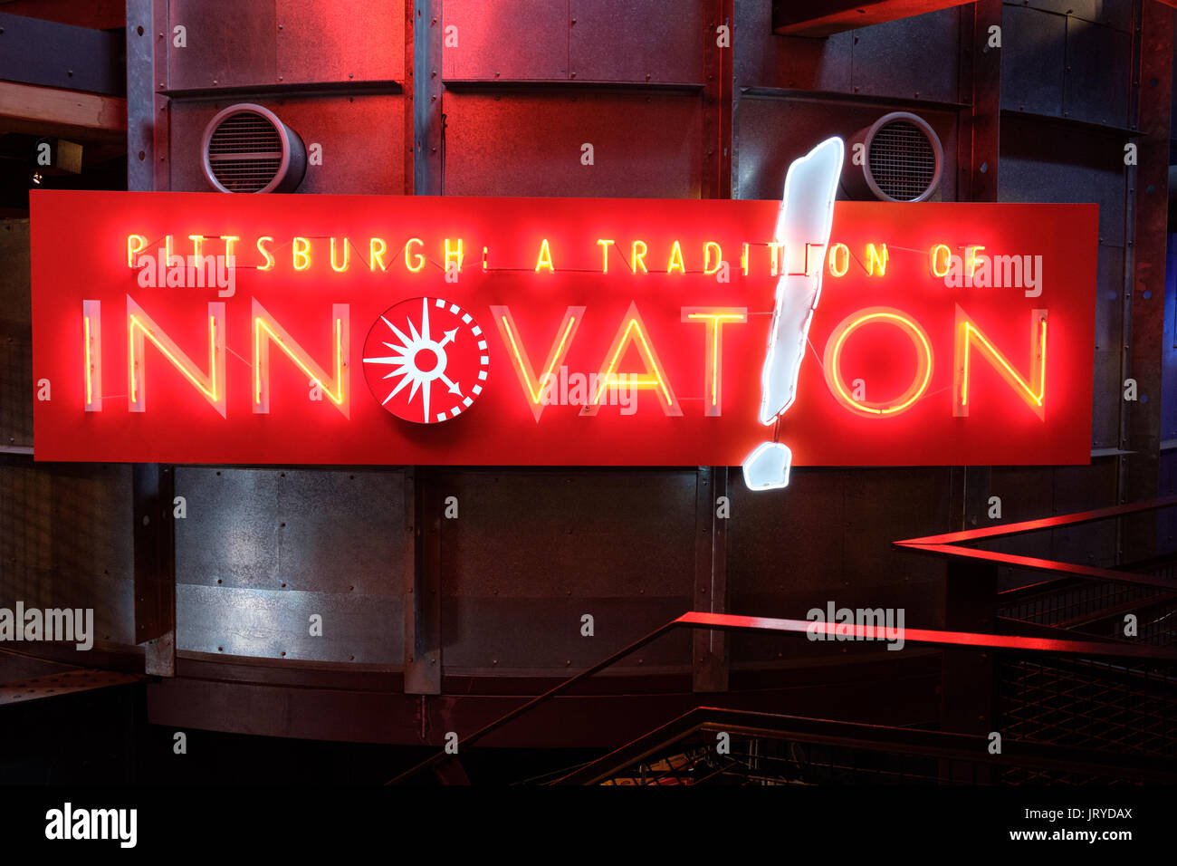 Pittsburgh 'tradition of innovation' neon sign in Heinz History Center, Pittsburgh, USA Stock Photo