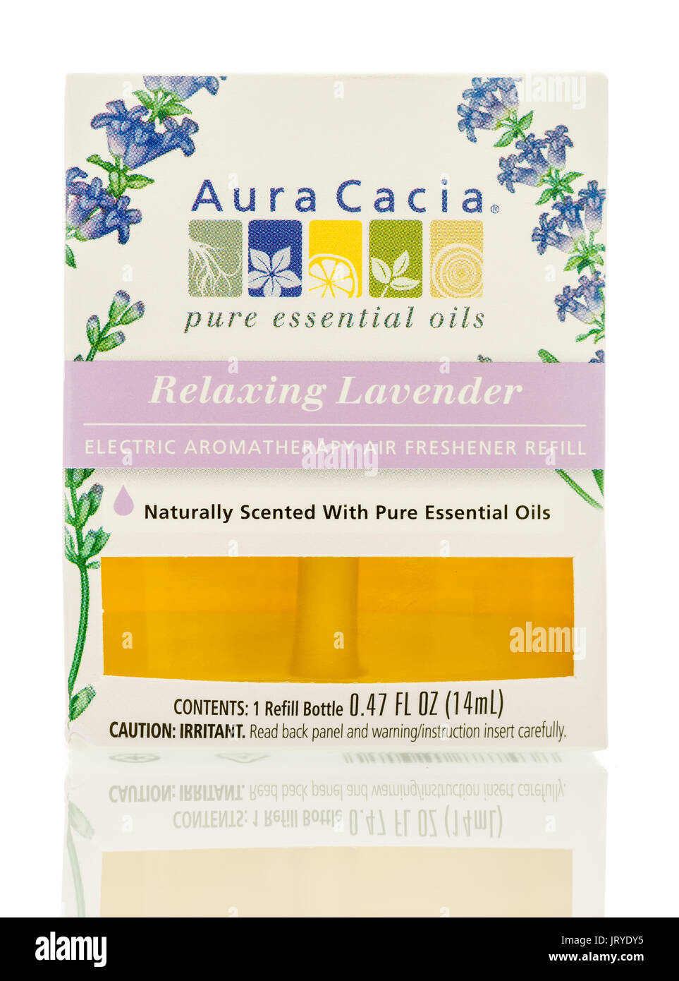 Winneconne, WI - 6 August 2017:  A bottle of Aura Cacia fragrance oil in relaxing lavender scent on an isolated background. Stock Photo