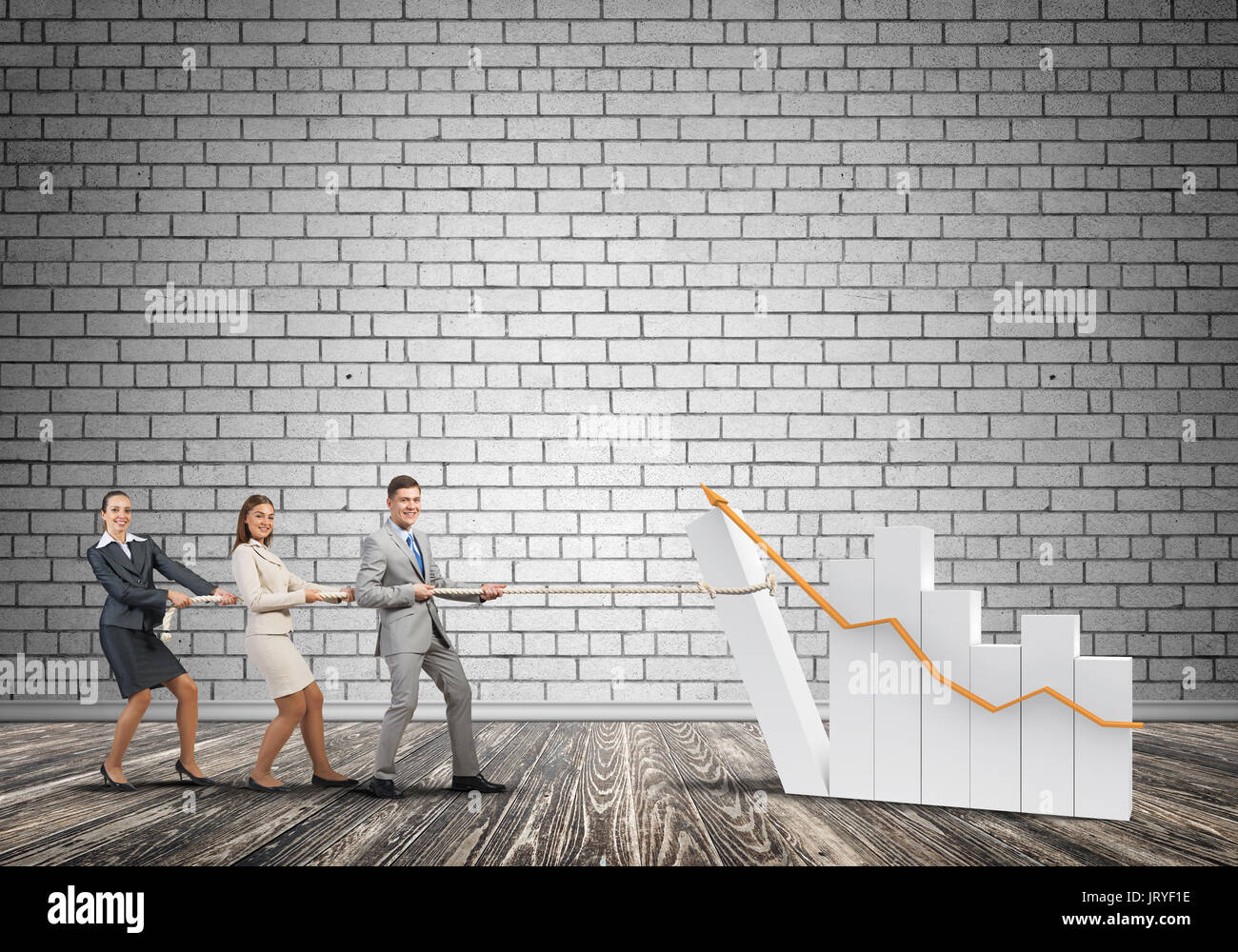 Businessteam working in collaboration pulling graph with rope as symbol ...