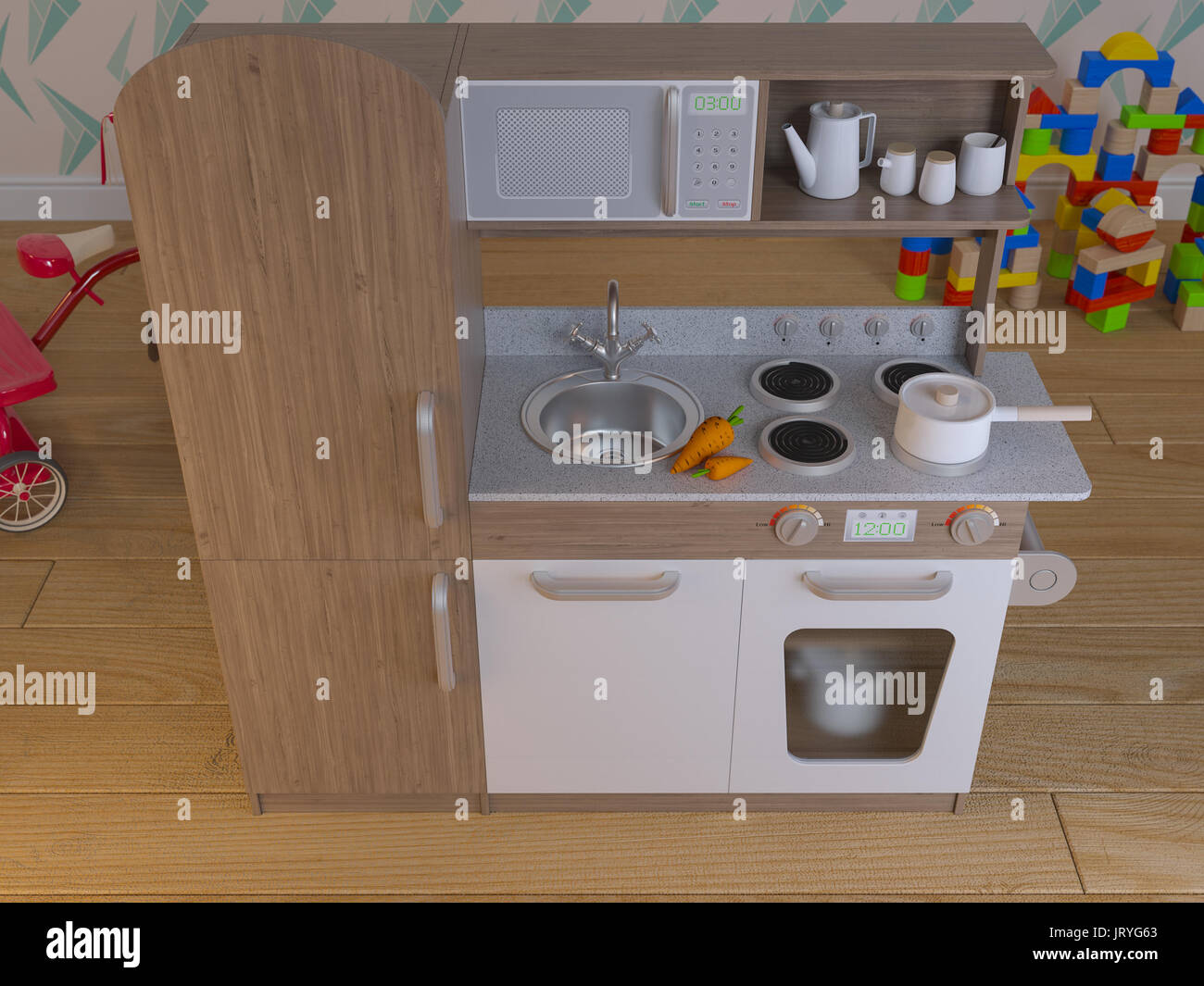 Children kitchen design interior for cooking pretend play set with accessories. 3d illustration kids kitchen smart playset. Render image Stock Photo