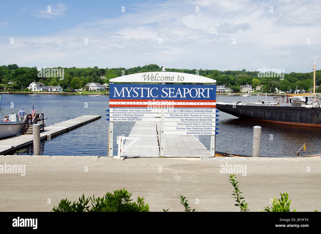 Welcome to Mystic Seaport sign at Mystic Harbor, Mystic CT USA Stock Photo