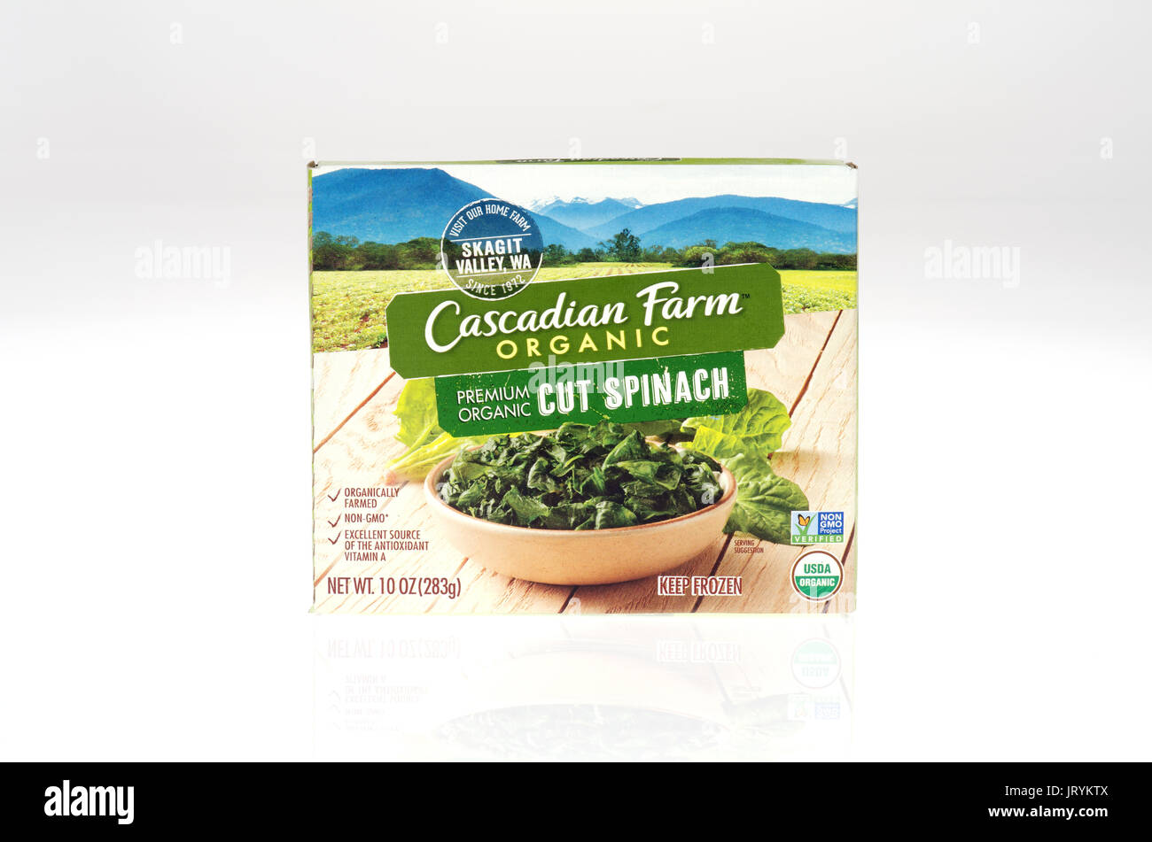 Box of Cascadian Farm frozen organic cut spinach on white background. USA Stock Photo