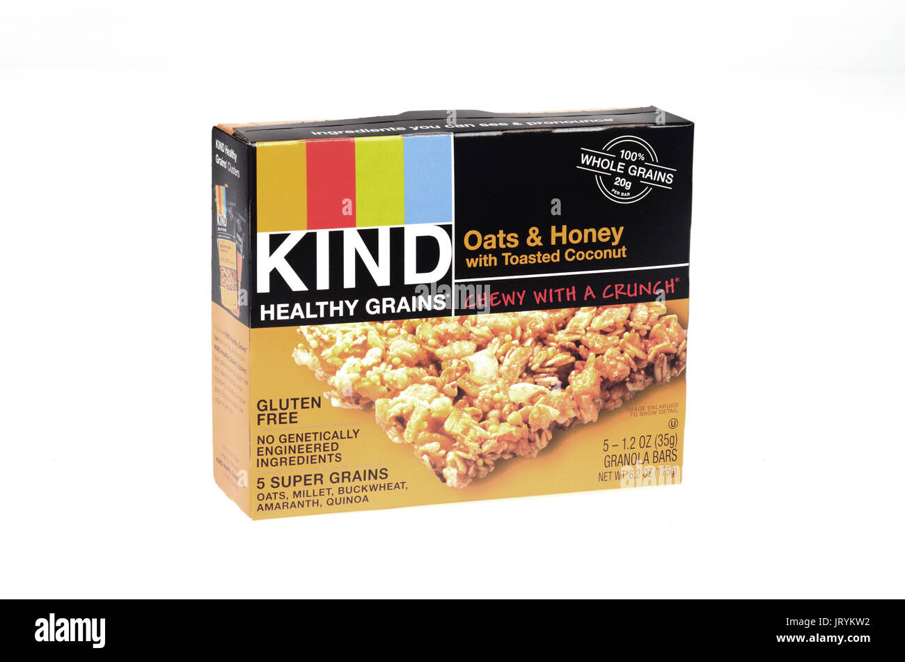 Box of Kind Bar Oats & Honey Whole Grain Snack Bars on white background, cut out Stock Photo