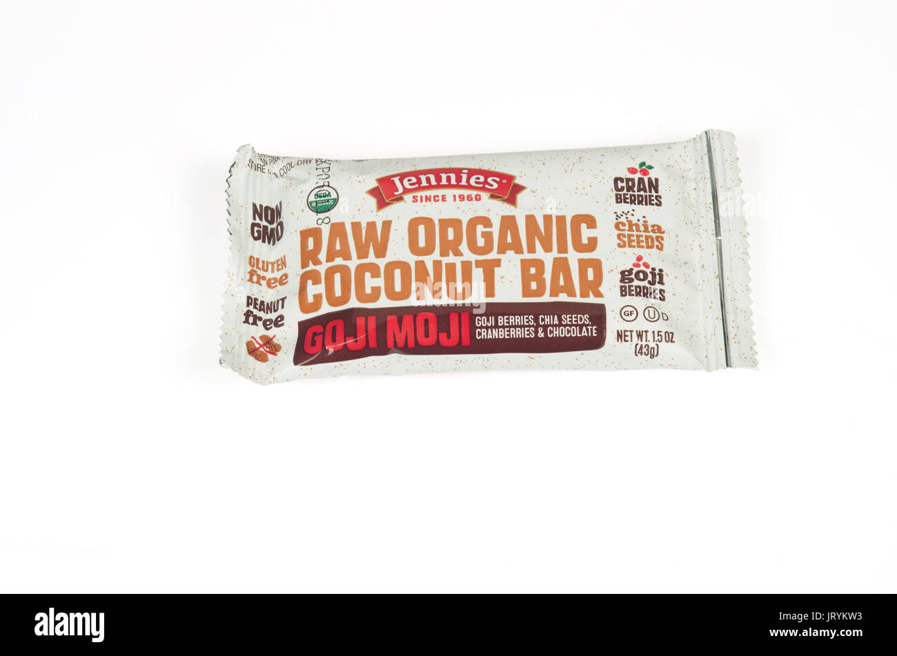 Jennie's Raw Organic Coconut Bar in wrapper on white background Stock Photo