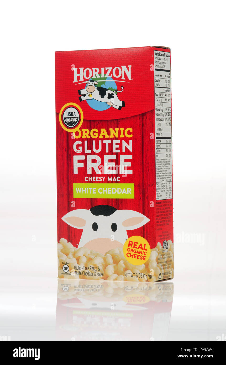 Box of Horizon Organic Gluten Free Mac and Cheese on white background cutout. Stock Photo