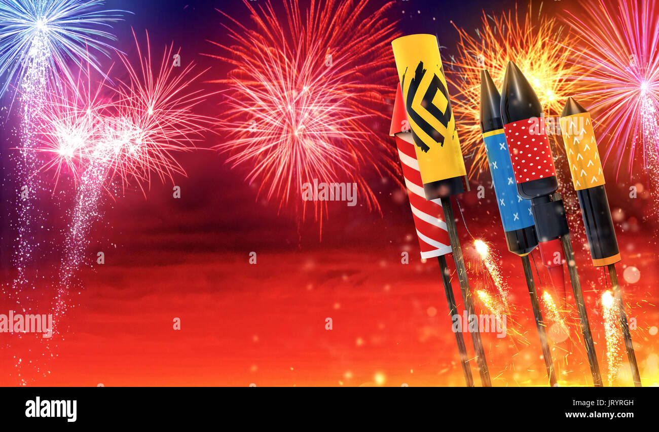 Group view of fireworks rockets launching into the sky, free space for ...