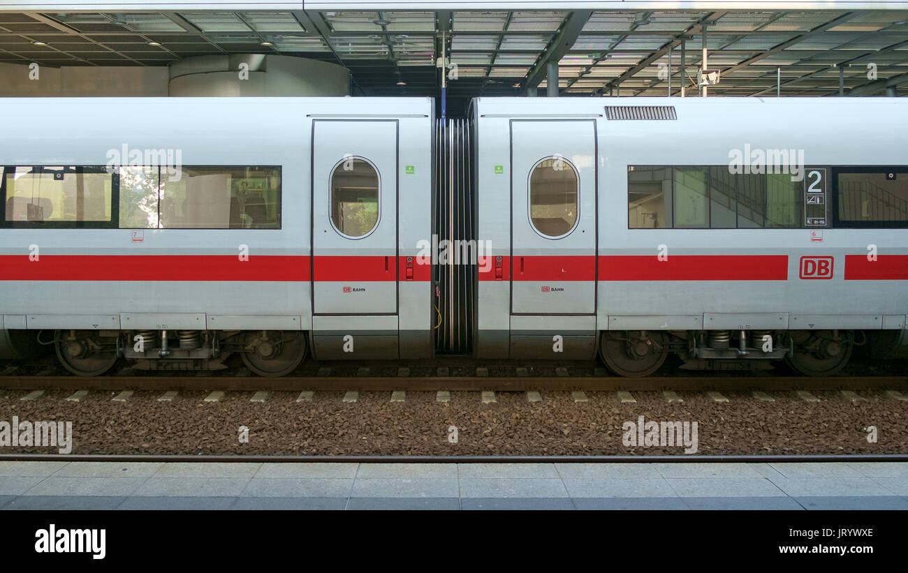 BERLIN, GERMANY - SEPTEMBER 2016: Junction between to InterCity Express train cars at a station in Berlin, Germany in September 2016. Stock Photo
