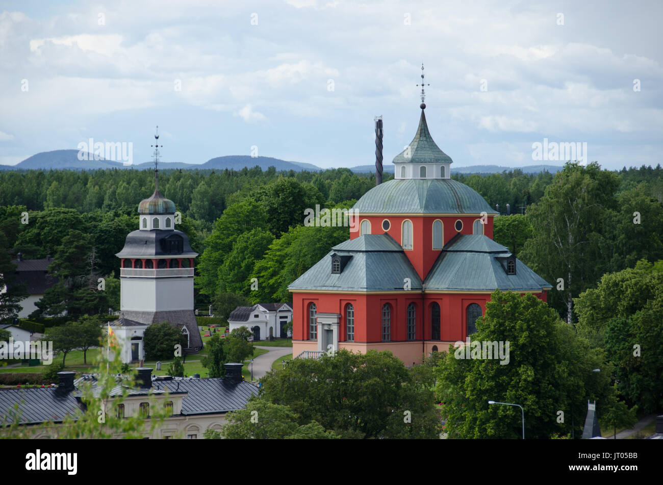 Soderhamn, Sweden - July 18 2017. View over the small town of Soderhamn between Stockholm and Sundsvall from it's observation tower, Oscarsborg. The c Stock Photo