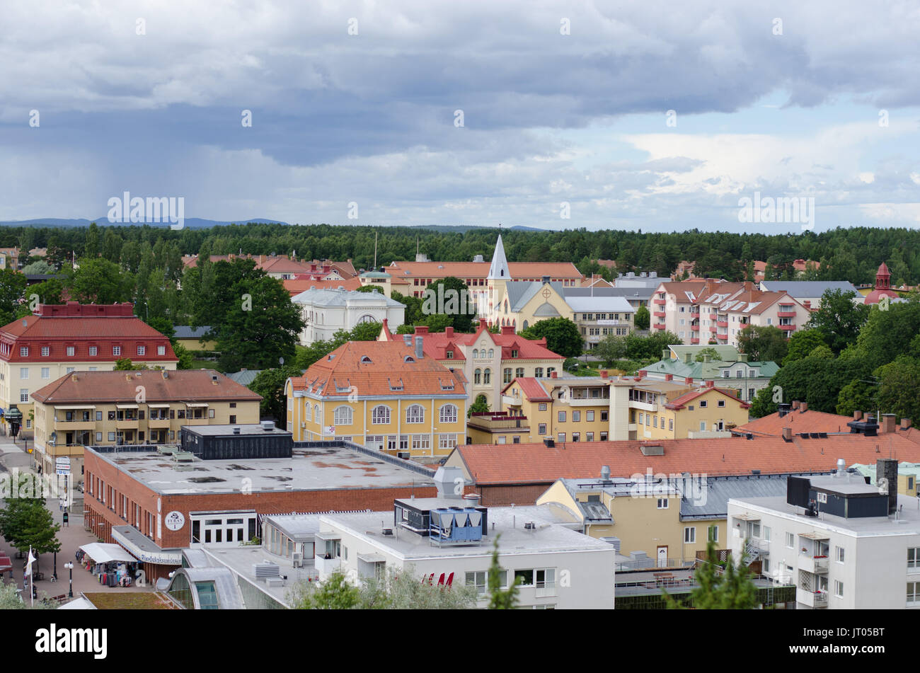 Soderhamn, Sweden - July 18 2017. View over the small town of Soderhamn between Stockholm and Sundsvall from it's observation tower, Oscarsborg. Stock Photo