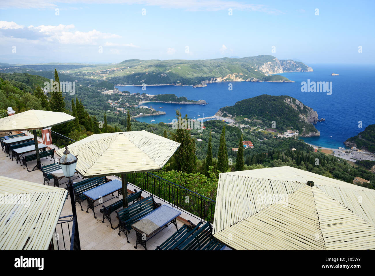 The view from restaurant on a bay in a heart shape and beach, Corfu, Greece Stock Photo