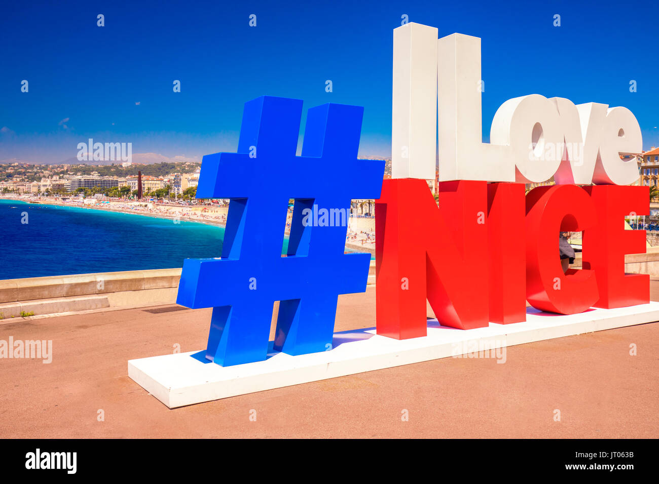 NICE, FRANCE - July 2017 - Hash tag on beach promenade in old city center of Nice, French riviera, France, Europe. Stock Photo