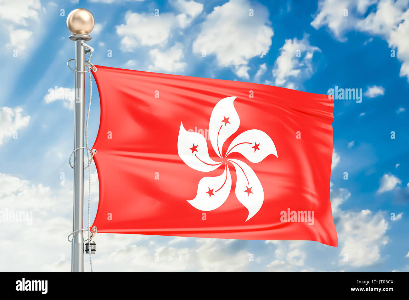 Hong Kong flag waving in blue cloudy sky, 3D rendering Stock Photo