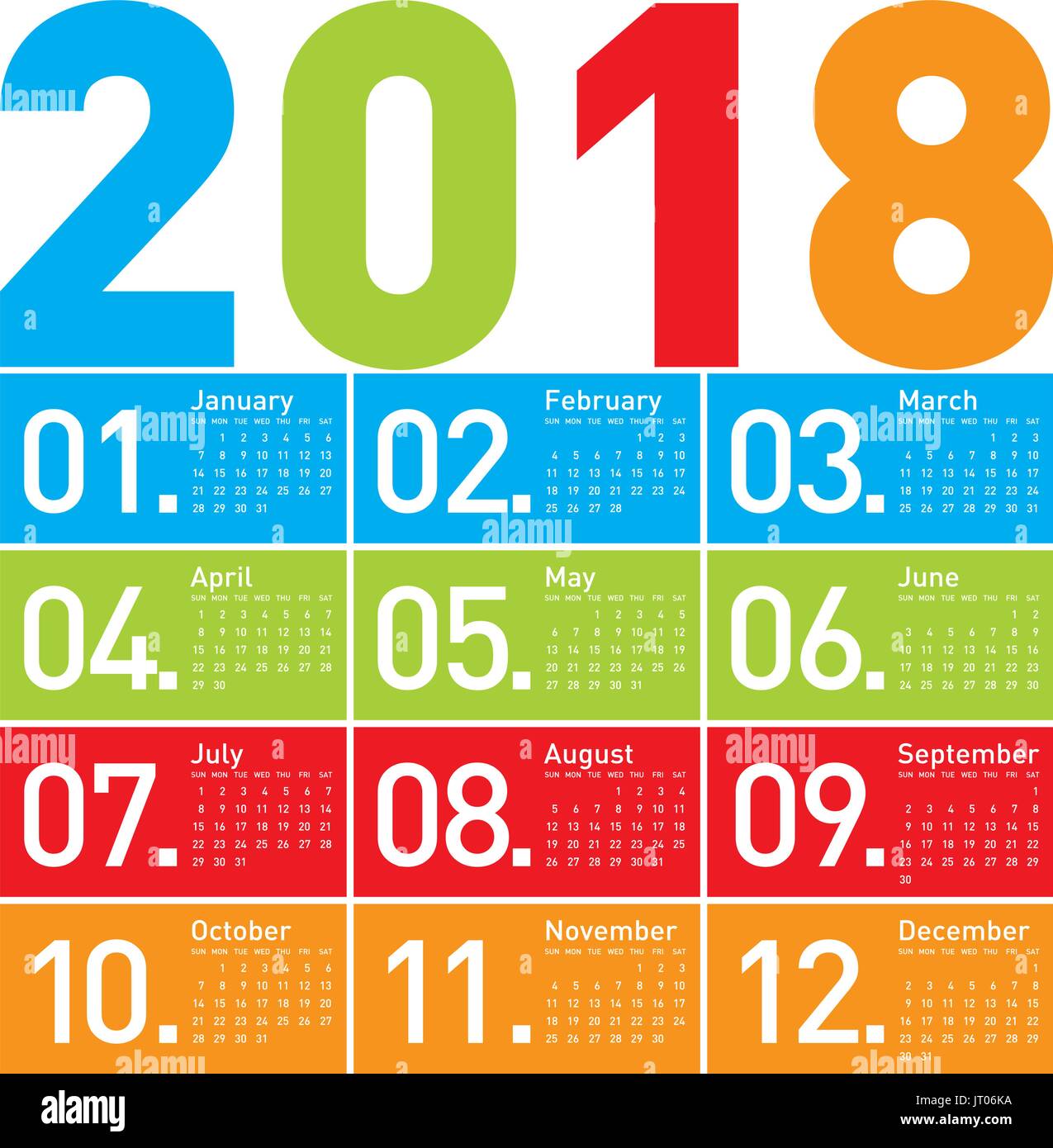 Colorful Calendar for Year 2018 in vector format Stock Vector Art