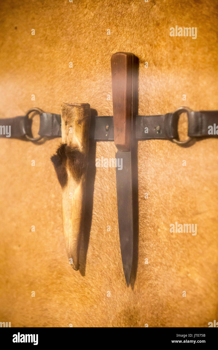 The knife Kruger Park ranger Harry Wolhuter used to kill a lion that attacked him on August 26,1903. Here the knife on top of the lion skin at Skukuza Stock Photo