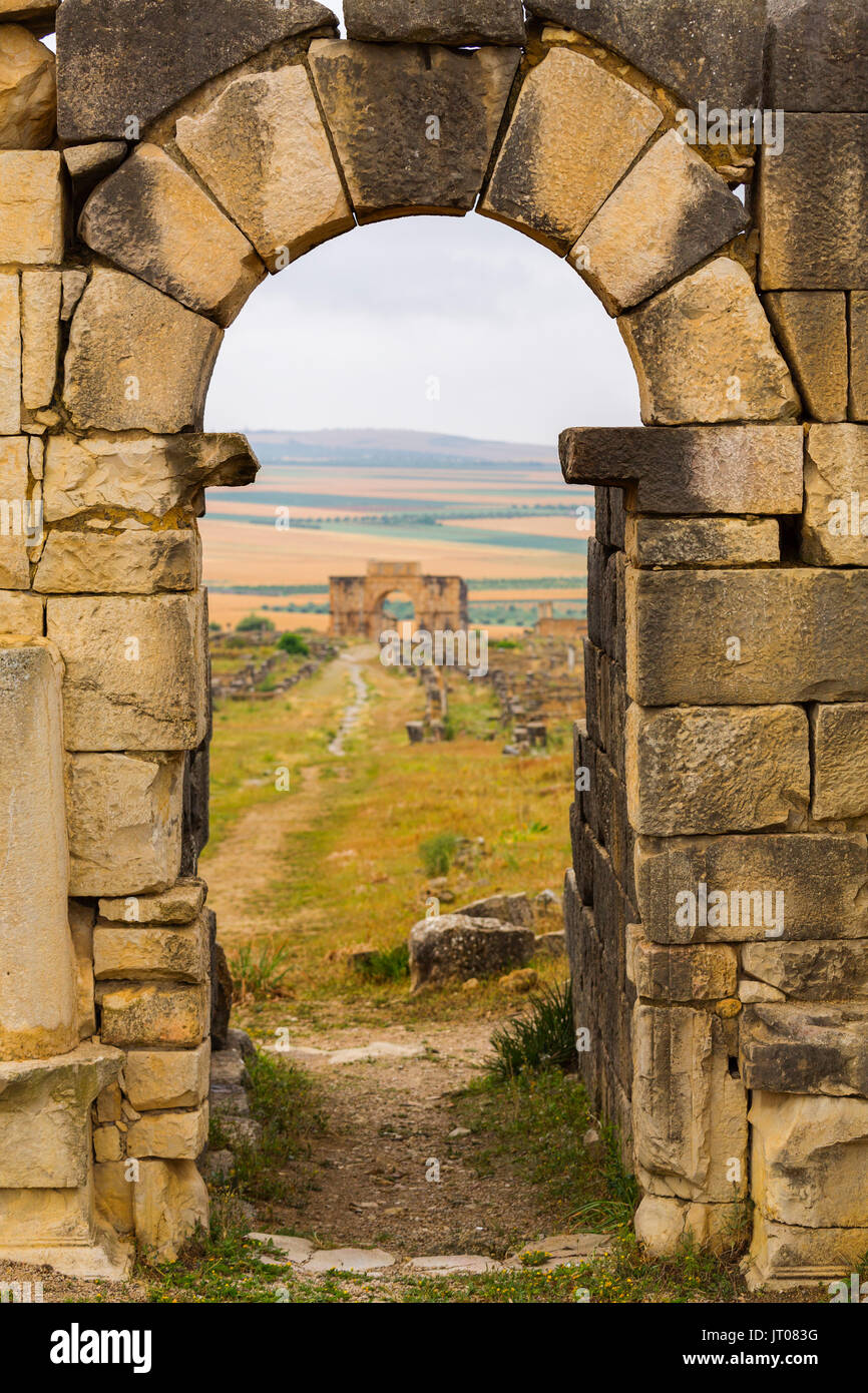 UNESCO World Heritage Site. Archeological site roman ruins of Volubilis. Morocco, Maghreb North Africa Stock Photo