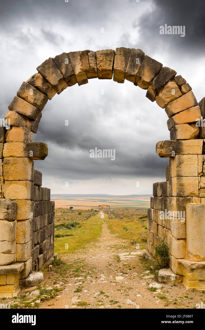 UNESCO World Heritage Site. Archeological site roman ruins of Volubilis. Morocco, Maghreb North Africa Stock Photo
