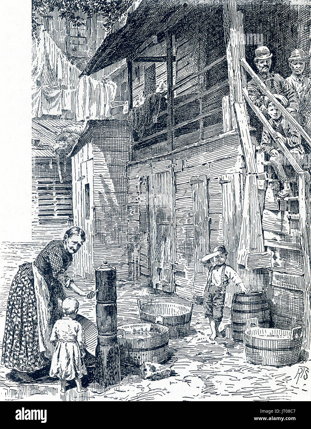 This late 19the-century illustration shows a tenement house backyard in the rear of Mulberry Street, near the Water Street Mission. In 1872 businessman Frederick Hatch bought the property in Lower Manhattan that became the Water Street Mission. He had met Jerry McAuley and put him in charge of this new venture - America's first Rescue Mission. Stock Photo