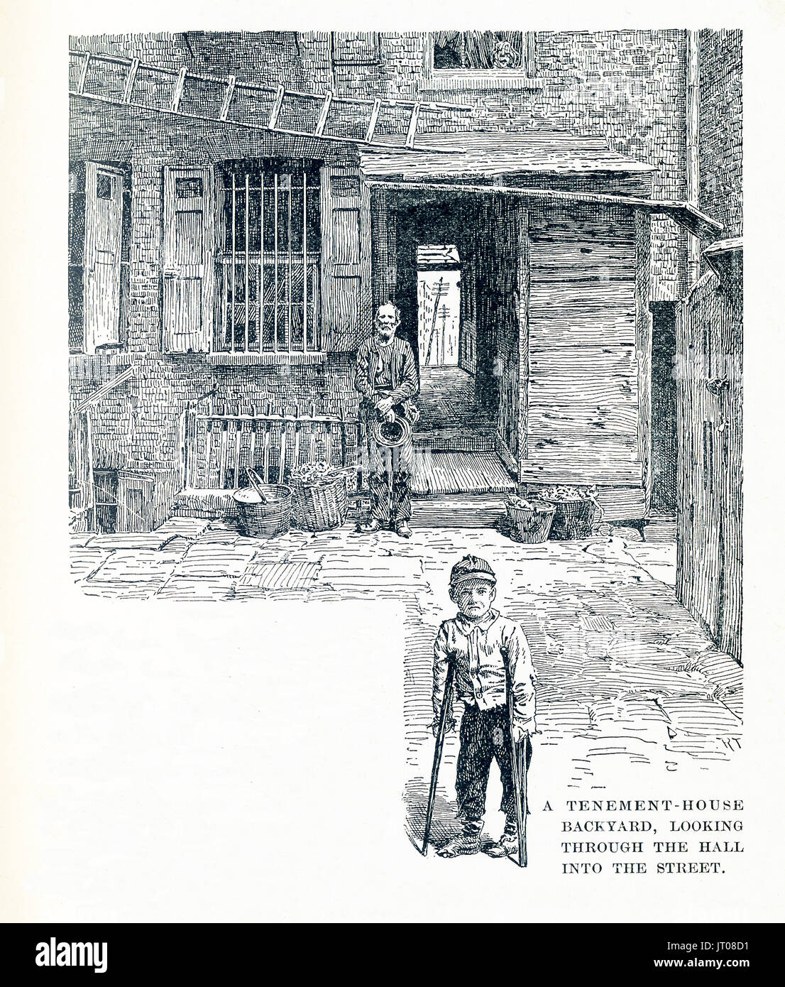 This late 19the-century illustration showsa tenement house backyard, looking through the hall into the street. In 1872 businessman Frederick Hatch bought the property in Lower Manhattan that became the Water Street Mission. He had met Jerry McAuley and put him in charge of this new venture - America's first Rescue Mission. Stock Photo