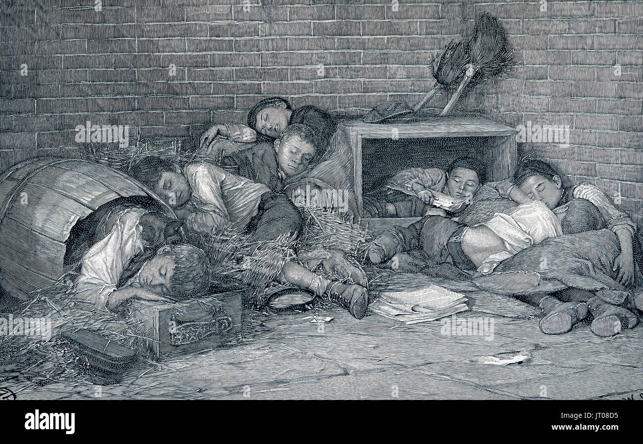 This late 19th-century illustration shows supperless and homeless street boys sleeping out at night – a night scene in an alley. Many of the newsboys and street boys of New York have no homes. Driven out from the alleys and by-ways of the slums, and from the dens in tenement districts, where most of them were born, they sell papers, black shoes, beg or steal, as need be, and sleep wherever night overtakes them. Their faces are old from constant exposure as well as from the struggle for existence. Their thin clothes afford small protection against winter’s cold. It is not til one sees them at n Stock Photo