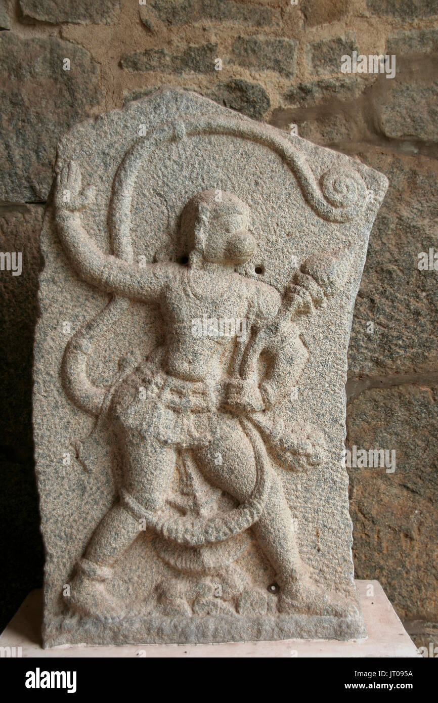 Lord Rama's disciple Anjaneya in valorous pose at museum near Elephants' Stable at Hampi, Karnataka, India, Asia Stock Photo