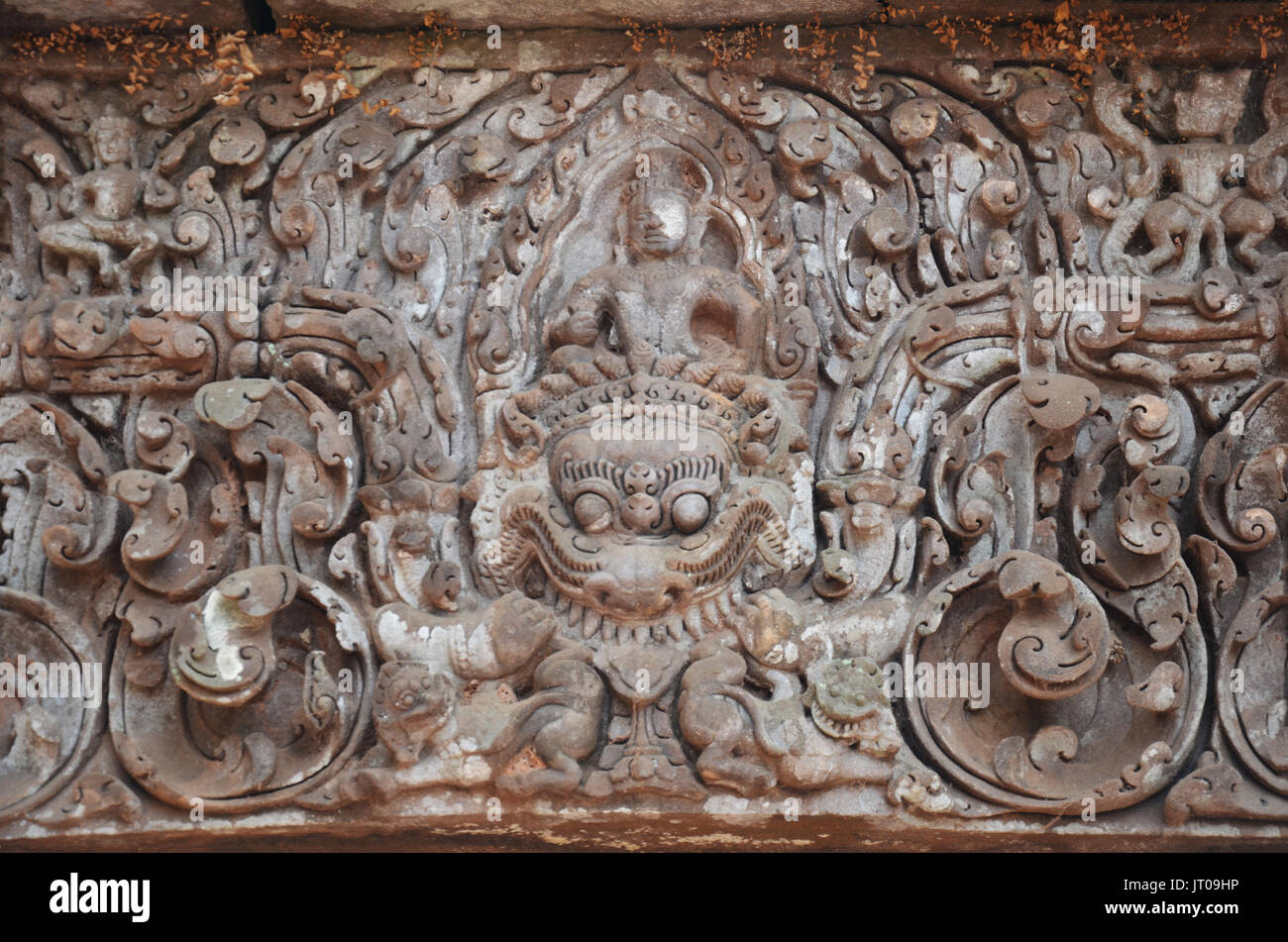 A lintel showing Vishnu on Garuda of Upper Level northeast wall of the sanctuary of Vat Phou or Wat Phu in UNESCO World Heritage Site at Pakse, Champa Stock Photo