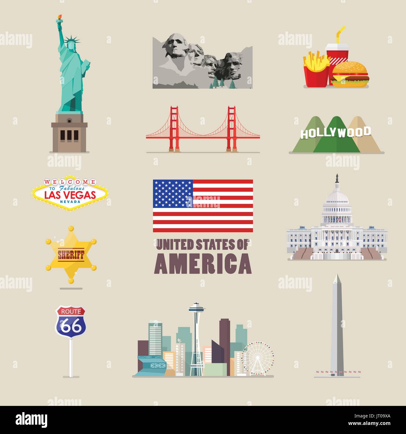 America icons set. flat style vector illustration Stock Vector