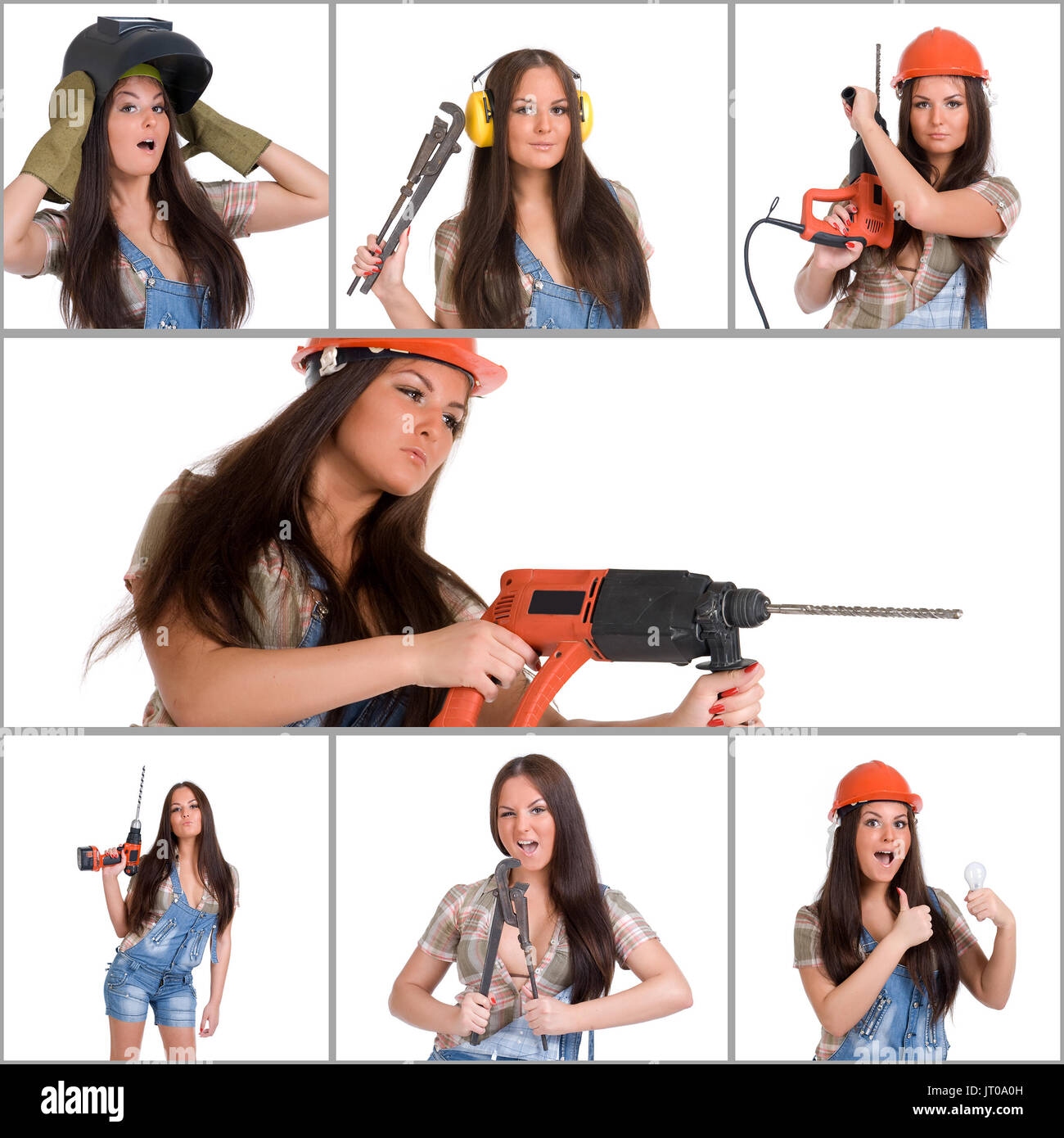 Industrial workers collage. Woman worker. Stock Photo
