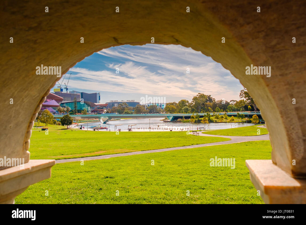 Adelaide city skyline on a day viewed through Elder Park and framed