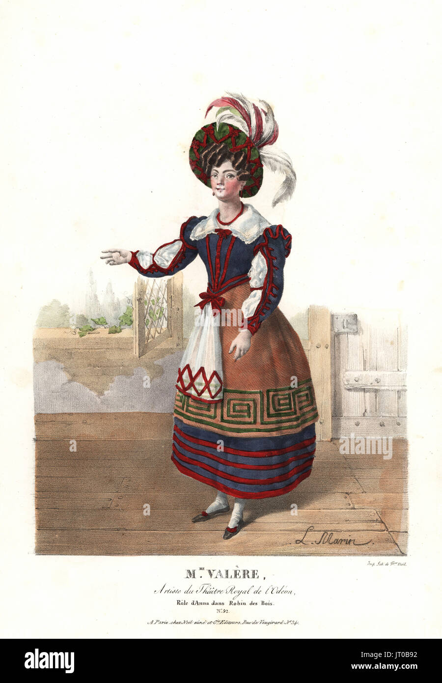 Soprano singer Madame Valere as Anna in the Romantic opera Robin des Bois by Carl Maria von Weber, Theatre Royal de l'Odeon, 1824. Handcoloured lithograph by F. Noel after an illustration by Lavigne Marin from Portraits d'Acteurs et d'Actrices dans different roles, F. Noel, Paris, 1825. Stock Photo