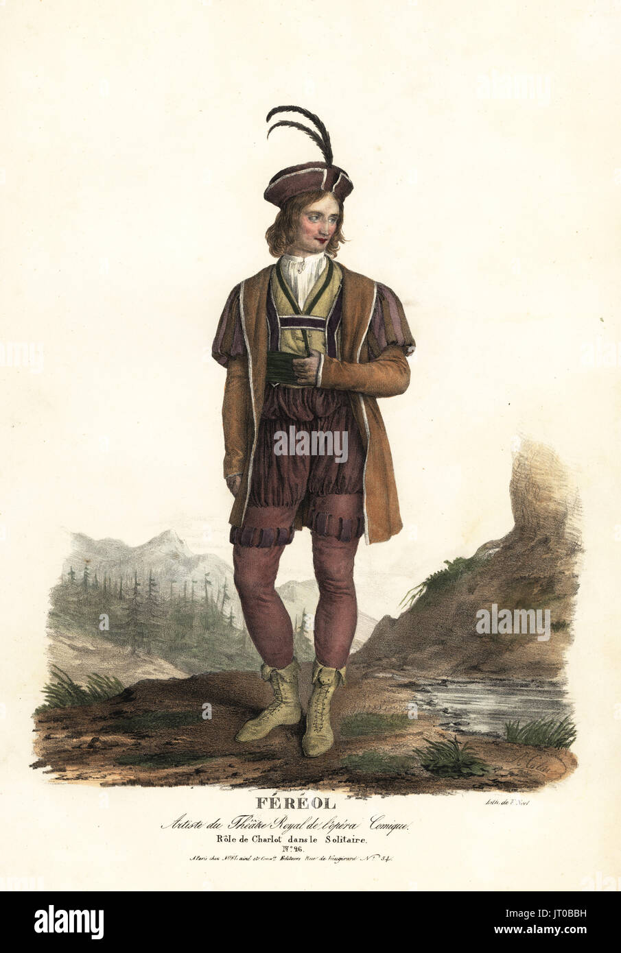 Tenor opera singer Louis Fereol as Charlot in Le Solitaire by Michele Carafa, Theatre Royal de l'Opera Comique, 1822. Handcoloured lithograph by F. Noel after an illustration by Alexandre-Marie Colin from Portraits d'Acteurs et d'Actrices dans different roles, F. Noel, Paris, 1825. Stock Photo