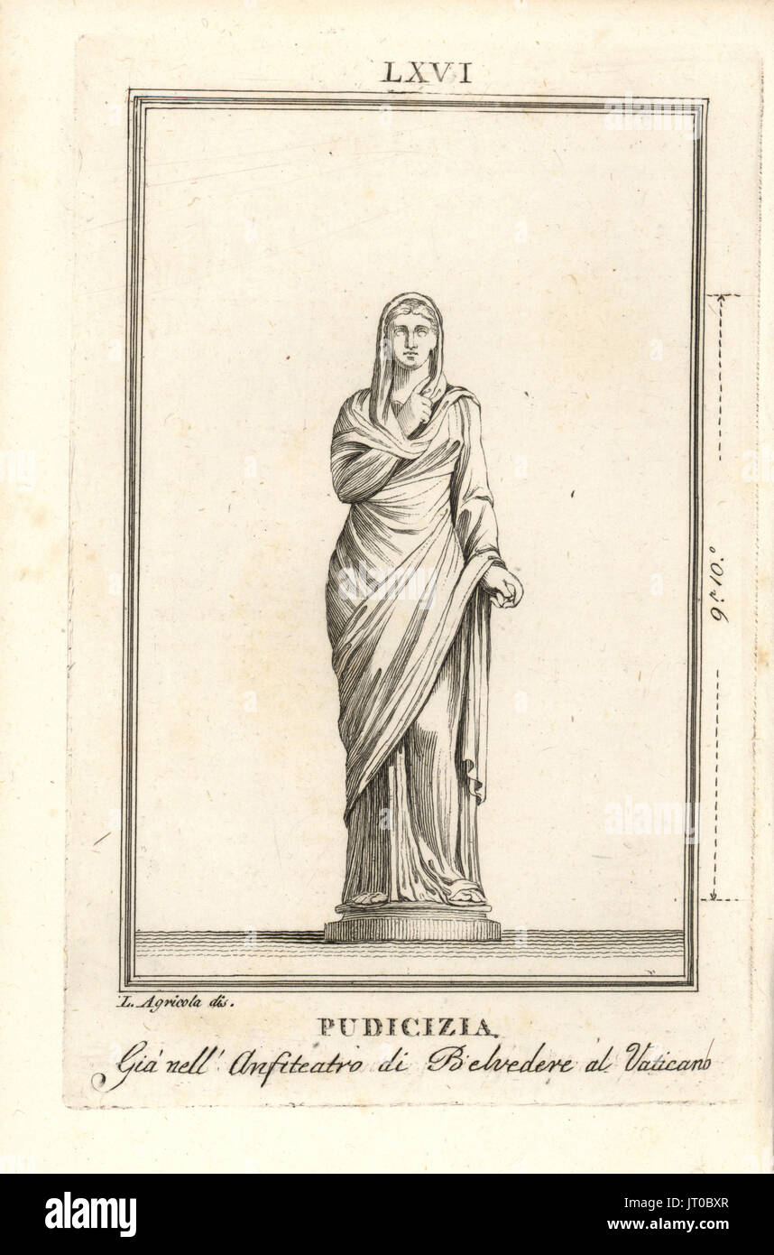Statue of Pudicitia, goddess of modesty, in veiled robes. In the Belvedere Courtyard in the Vatican. Copperplate engraving after an illustration by L. Agricola from Pietro Paolo Montagnani-Mirabili's Il Museo Capitolino (The Capitoline Museum), Rome, 1820. Stock Photo