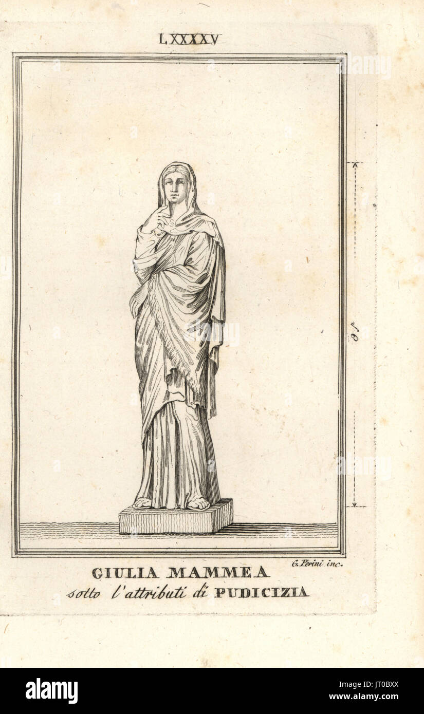Statue of Julia Avita Mamaea with the attributes of Pudicitia, goddess of modesty. Copperplate engraving by G. Perini from Pietro Paolo Montagnani-Mirabili's Il Museo Capitolino (The Capitoline Museum), Rome, 1820. Stock Photo