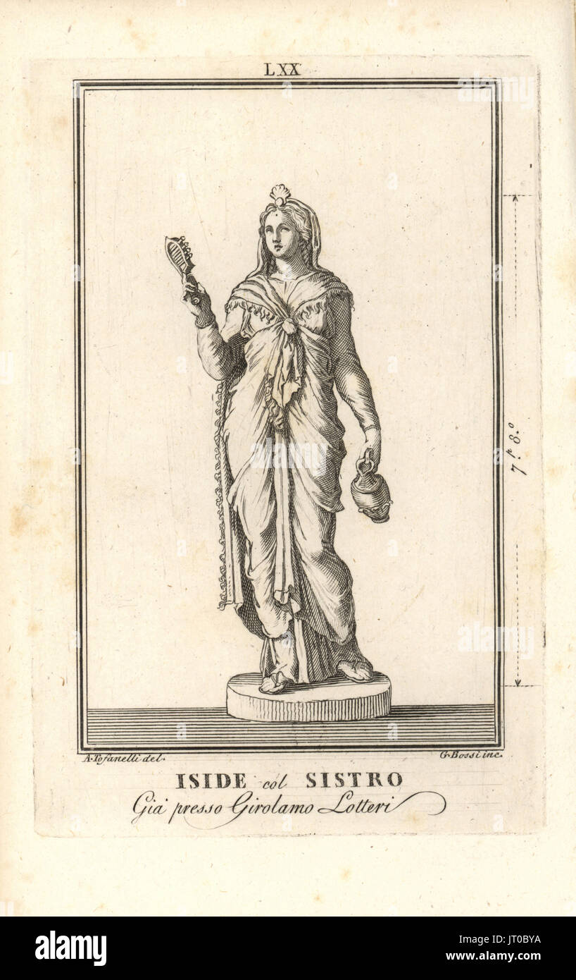 Statue of the Egyptian goddess Isis with sistrum and oenochoe (wine jug). In the collection of Girolamo Lotteri. Copperplate engraving by Giacomo Bossi after an illustration by A. Tofanelli from Pietro Paolo Montagnani-Mirabili's Il Museo Capitolino (The Capitoline Museum), Rome, 1820. Stock Photo