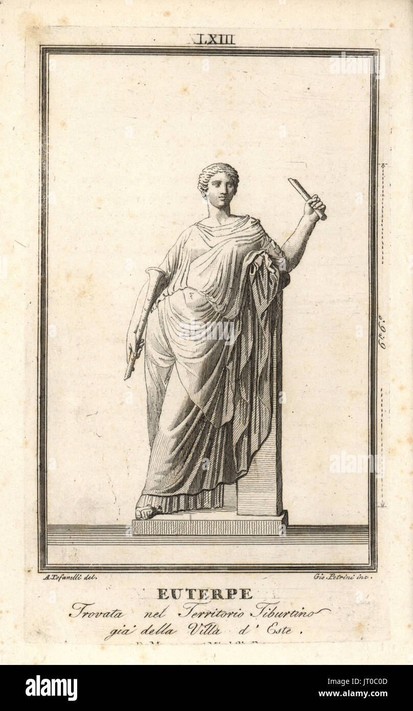 Euterpe, muse of music and lyric poetry, holding a flute. Found in the Tiburtino area of Rome near the Villa d'Este. Copperplate engraving by Gio. Perini after an illustration by A. Tofanelli from Pietro Paolo Montagnani-Mirabili's Il Museo Capitolino (The Capitoline Museum), Rome, 1820. Stock Photo