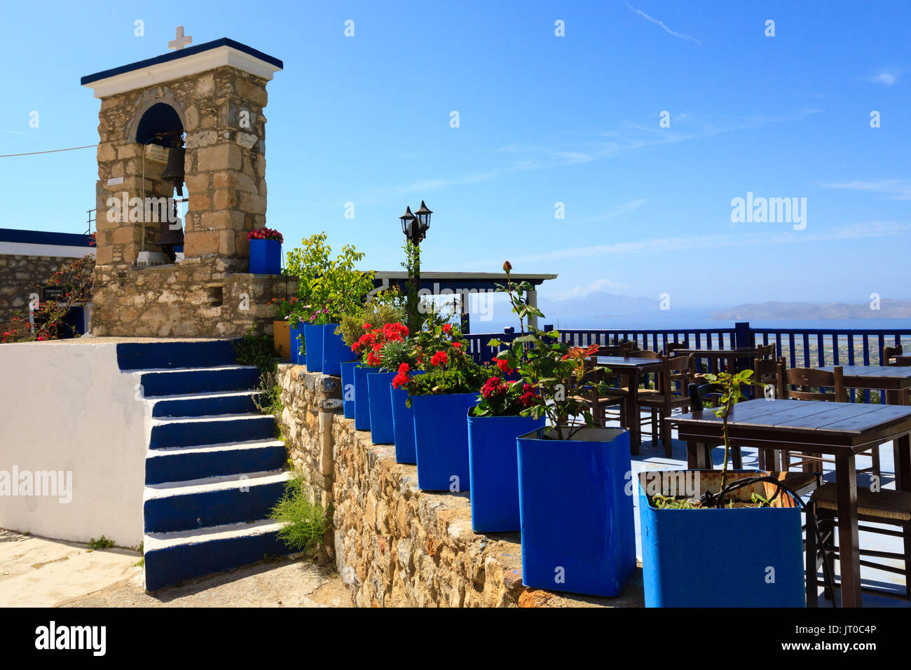 Beautiful view on sea and some Greece islands from famous restaurant in Zia village on Kos. Stock Photo